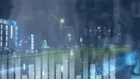 Animation-Der-Finanzdatenverarbeitung-Und-Geschäftsleute,-Die-über-Das-Stadtbild-Laufen