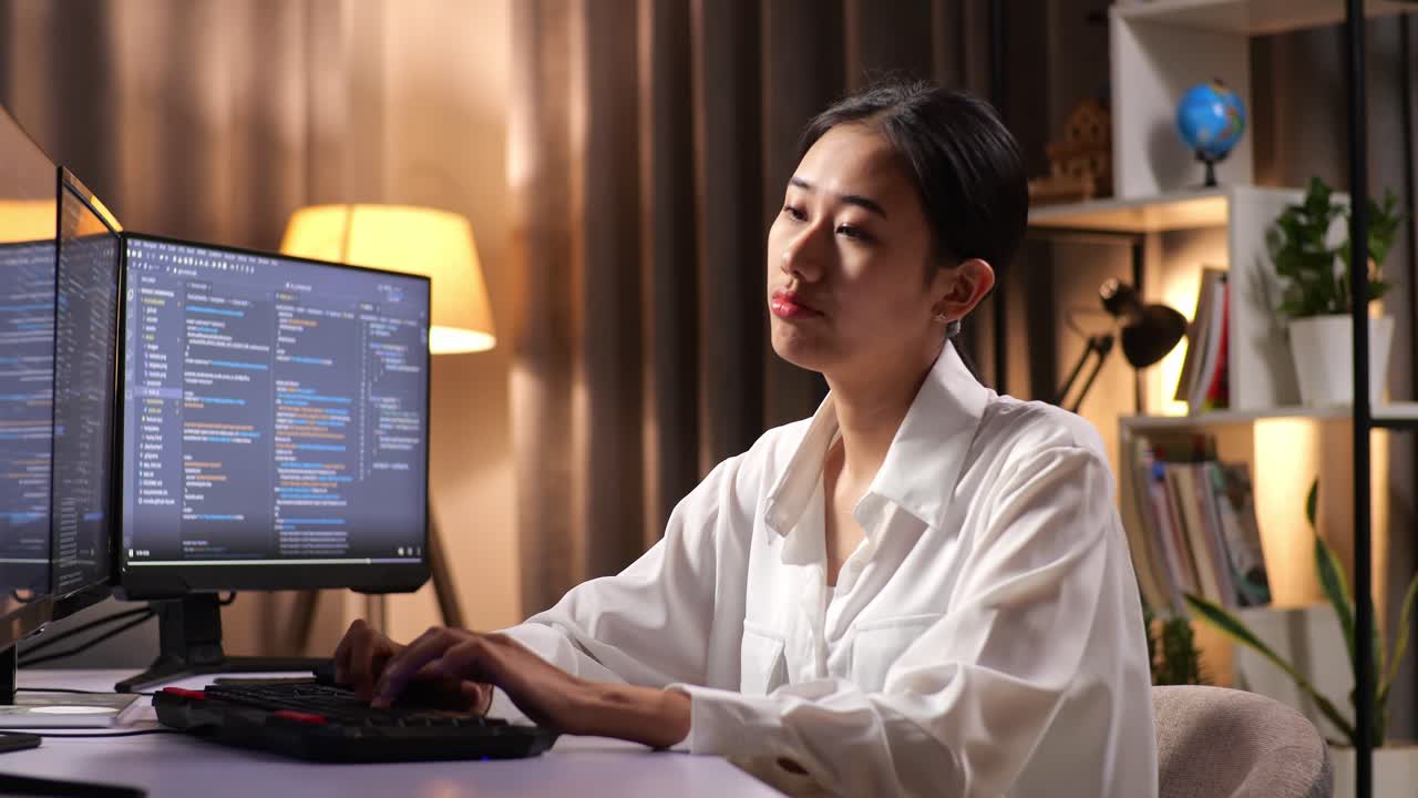 Asian Woman Programmer Stretching While Creating Software Engineer Developing App, Program, Video Game On Desktop Computer At Home. Terminal With Coding Language