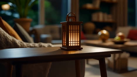 wooden lantern on a table in a cozy living room