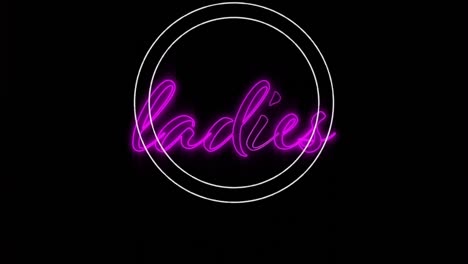 Animation-of-text-ladies,-in-pink-neon-letters-with-circular-white-scope-on-black-background