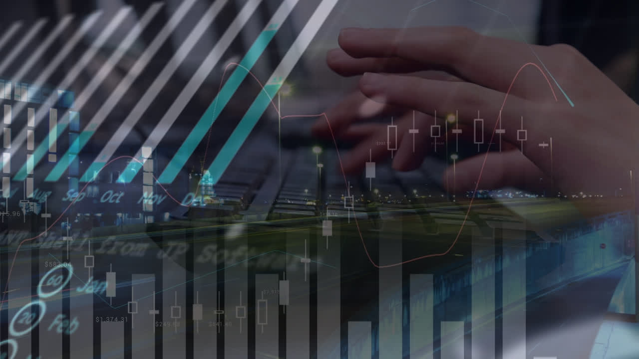 animación del paisaje urbano y procesamiento de datos con las manos escribiendo en el teclado