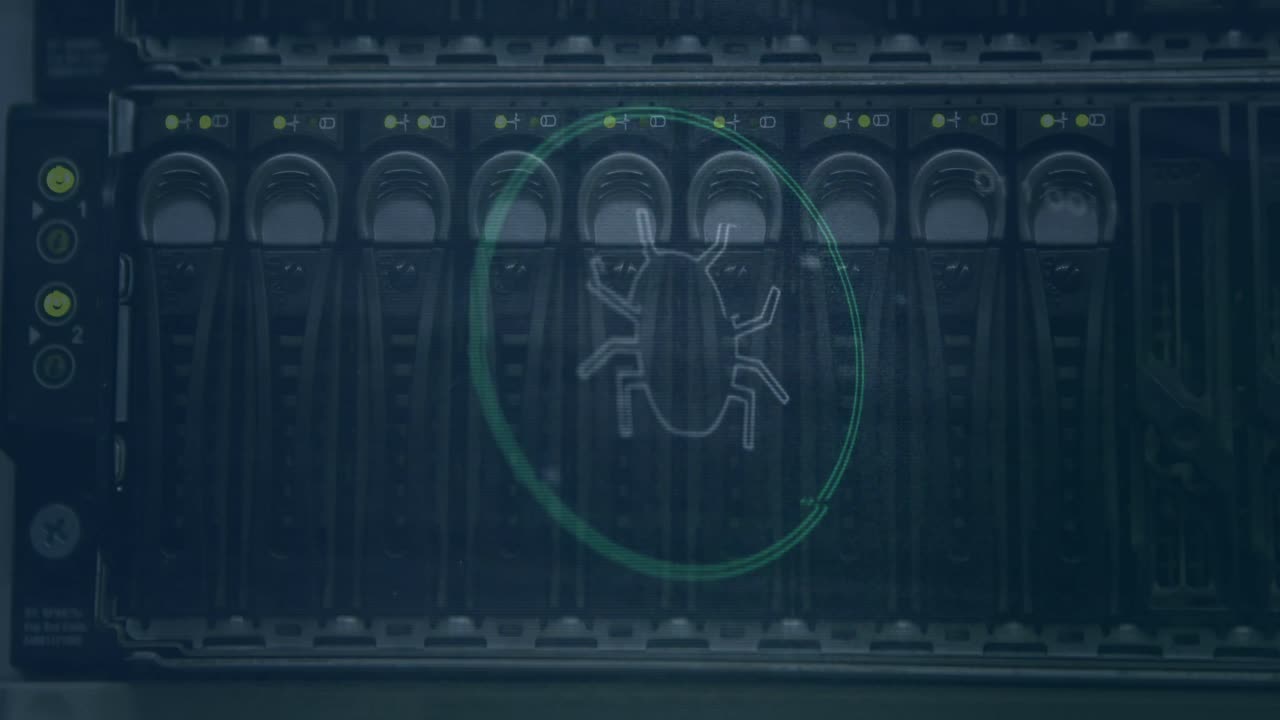 Bug icon and microprocessor connections against close up of a computer server
