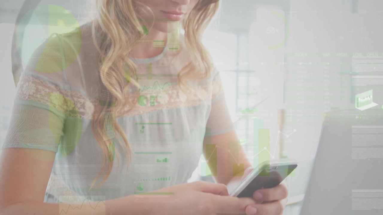 animación de estadísticas y procesamiento de datos sobre mujeres de negocios que usan teléfonos inteligentes