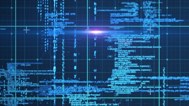 Animation of light trails over data processing on black background