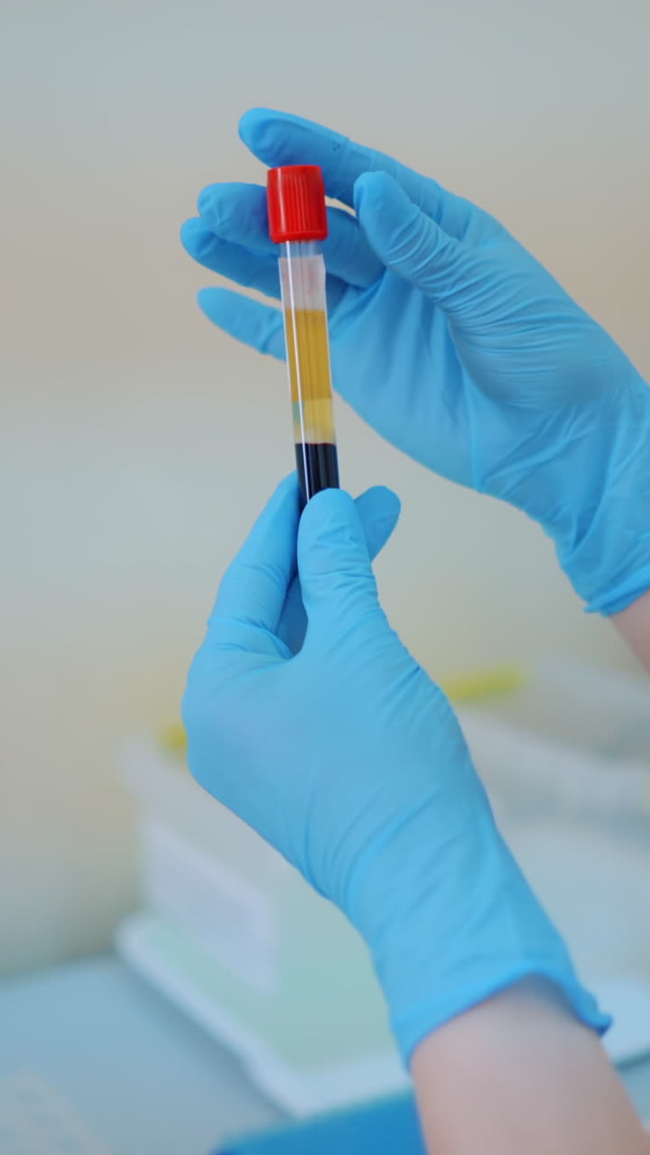 Hand holding a tube test. Female medical looking at test tube in laboratory Vertical video