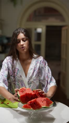 mujer comiendo sandía en la cocina
