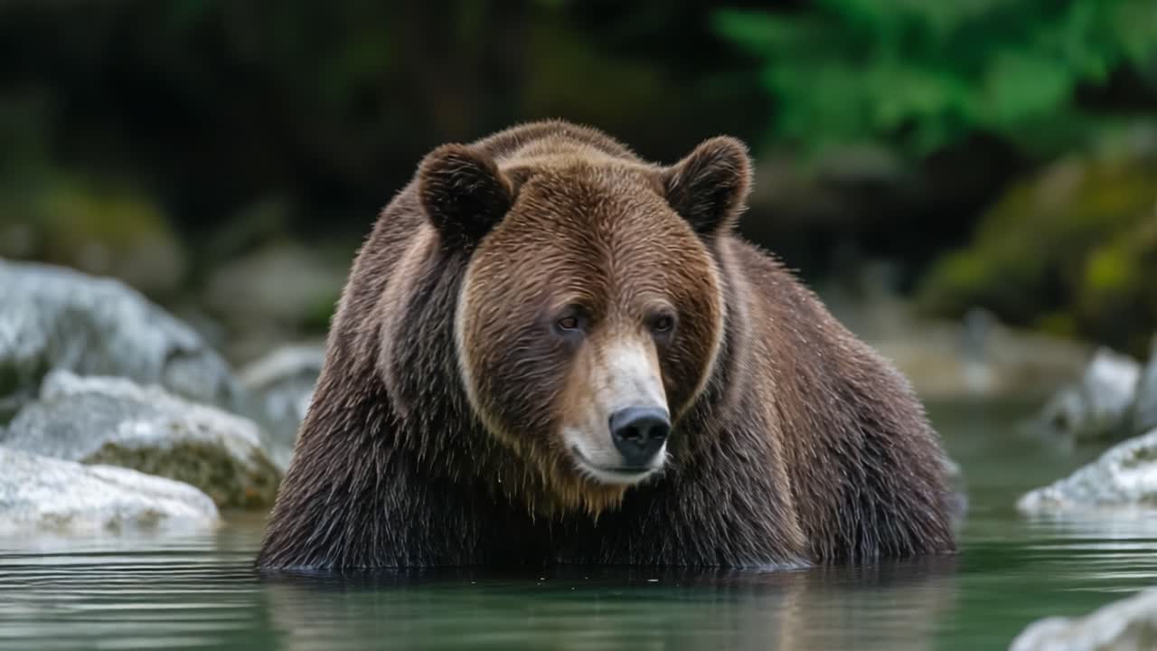 La serenità di un maestoso orso grizzly: catturare la presenza tranquilla di uno dei più grandi carnivori della natura in un pittoresco habitat acquatico