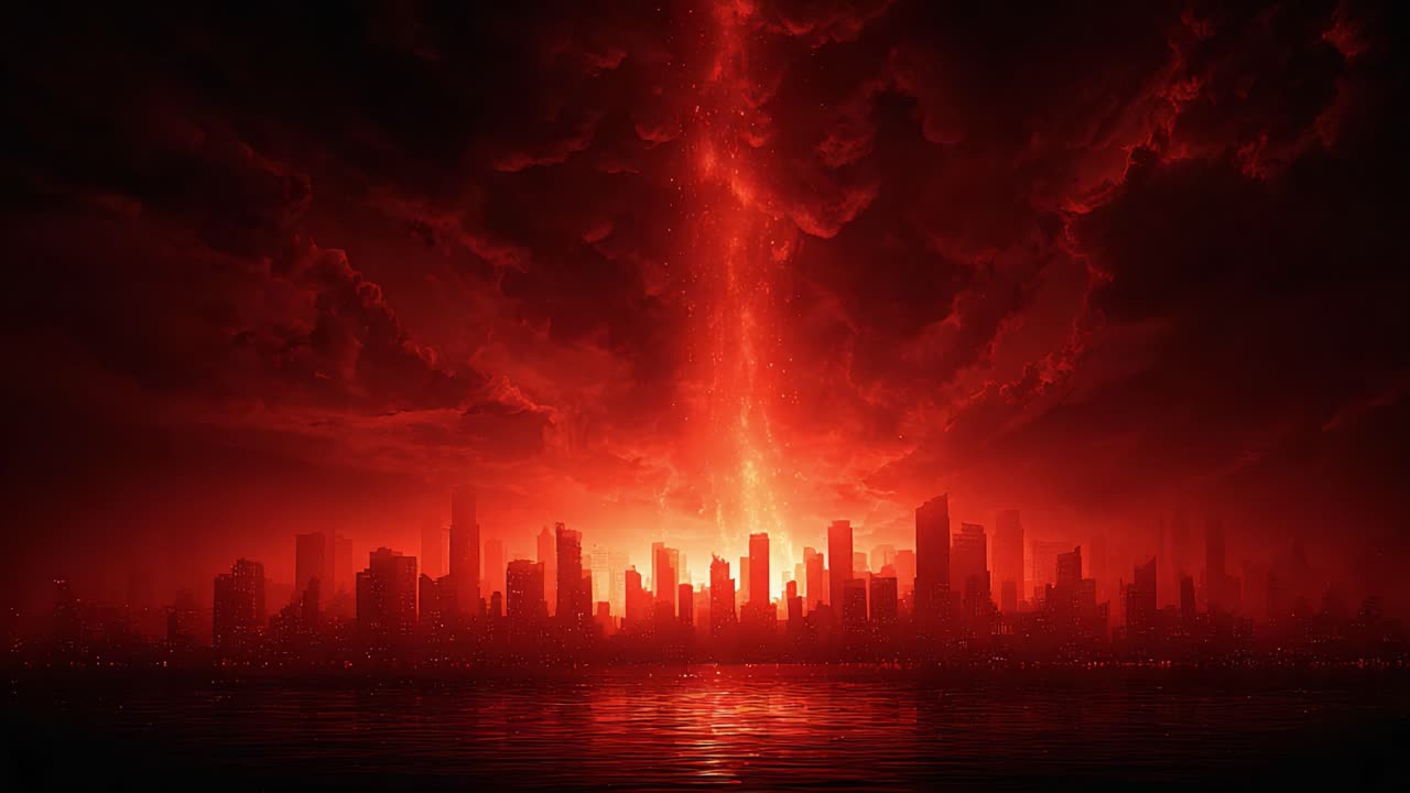 A Dystopian Skyline: A Towering Red Beam Pierces the Darkened City, Illuminating the Futuristic Urban Landscape with an Ominous Glow, Evoking a Sense of Desolation and Mystery