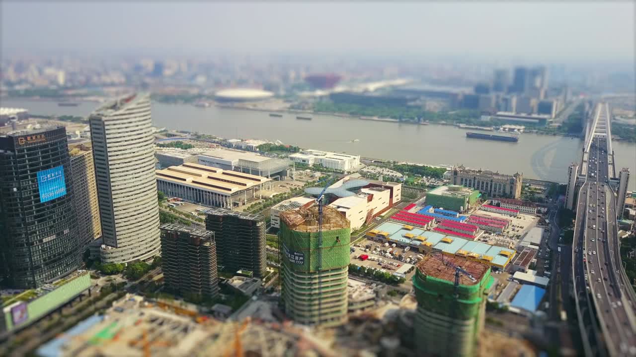 hora del día paisaje urbano de shanghai tráfico puente lupu industrial panorama aéreo 4k inclinación cambio china