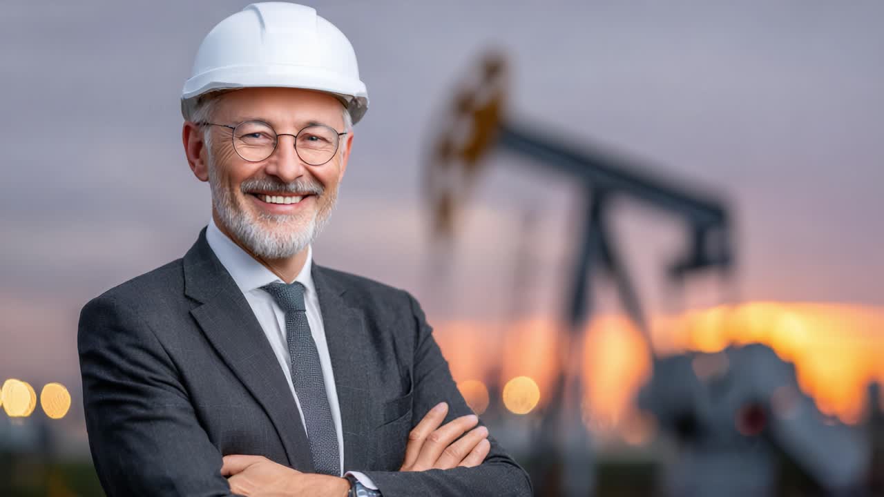 A confident professional in a hard hat smiles warmly amidst a backdrop of an oil rig at sunset, symbolizing leadership and expertise in the energy industry