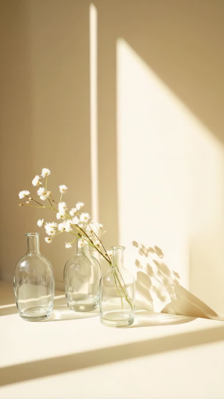 Still Life with Glass Bottles, White Flowers, and Sunlight Shadows