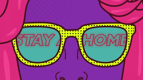 animation of cartoon purple woman wearing yellow glasses showing colourful neon words stay at home