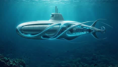 a futuristic submarine gliding through the serene depths of an underwater landscape, showcasing advanced design and mystical oceanic vibes