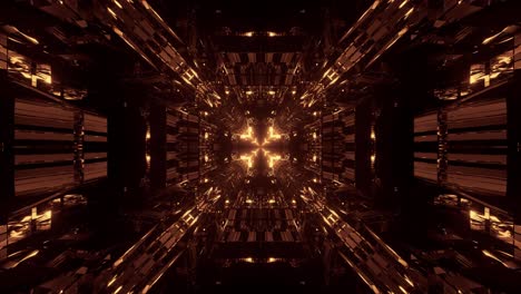 Gold-colored-kaleidoscope-like-flare-explosion-flying-outwards-in-square-shape,-or-rapidly-moving-through-tunnel