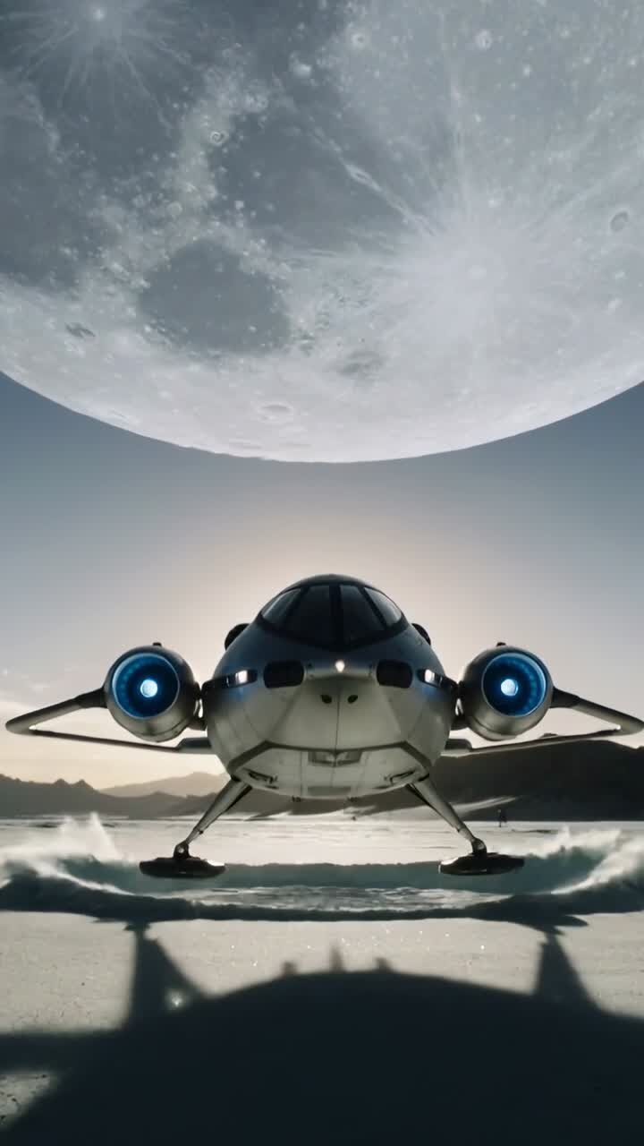 Vertical video: Engines igniting lander lowering onto plain extending pads kicking dust for landing