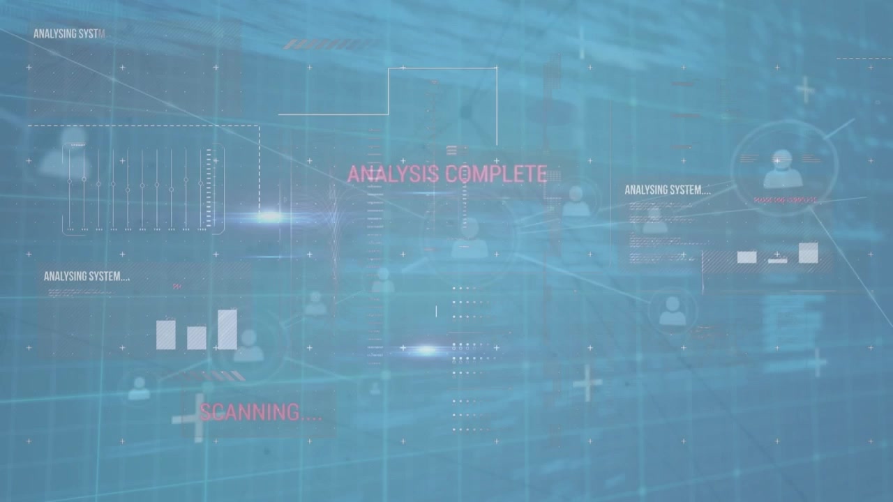 Animation of network of connections with icons and data processing on blue background