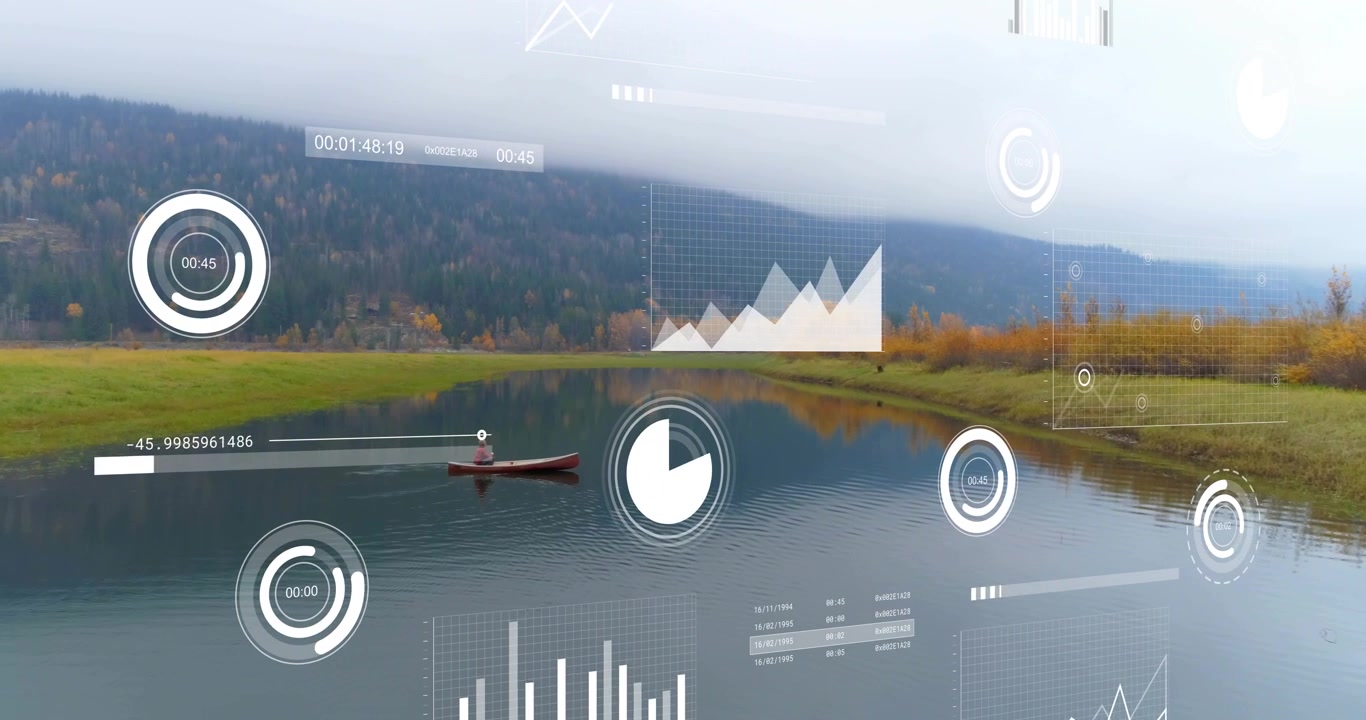 After first stroke person paddling red canoe across water for leisure while HUD updating telemetry