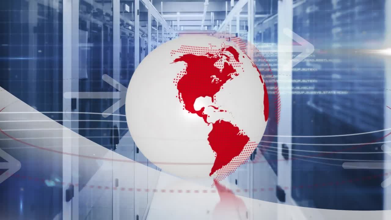 animación de iconos de flecha y punto de luz sobre el globo giratorio contra la sala del servidor de la computadora