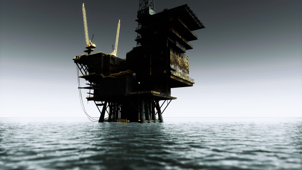 Oil rig stands tall against calm waters during twilight hours