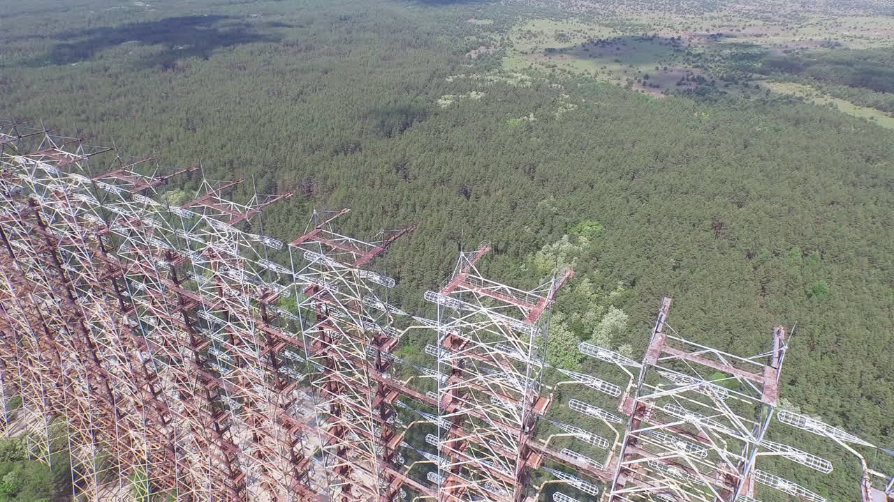Aerial view of the massive Duga radar array, a relic of the Cold War near Chernobyl, Ukraine