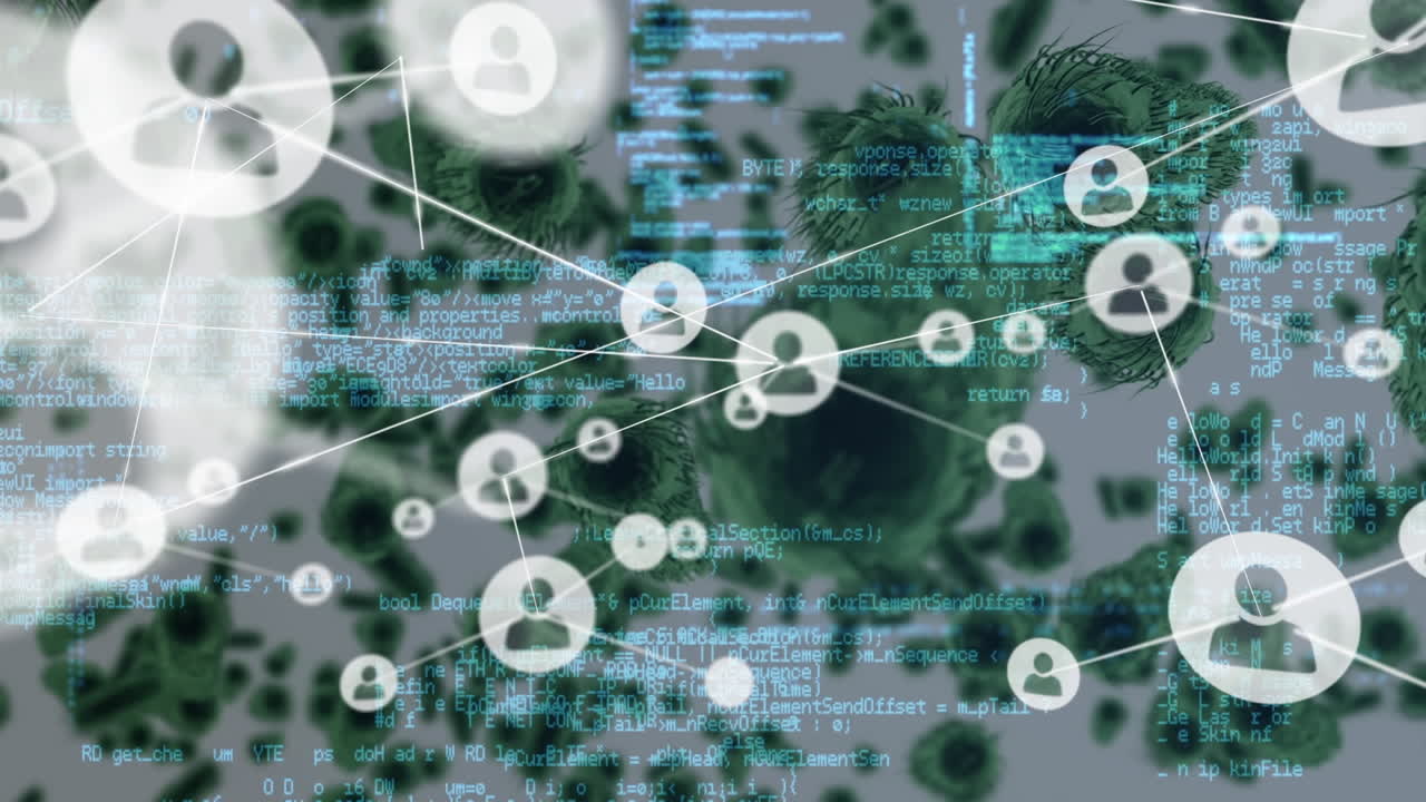 red de iconos de perfil y procesamiento de datos sobre múltiples células de covid-19 en fondo gris