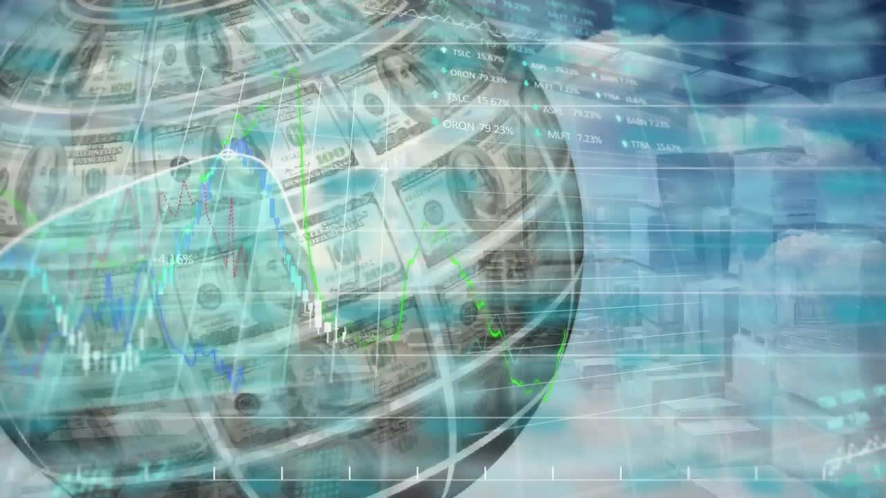 animazione dell'elaborazione dei dati finanziari con globo formato con dollari americani