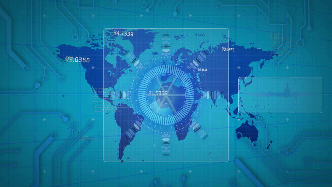 Animation of scope scanning with numbers changing over world map on blue background