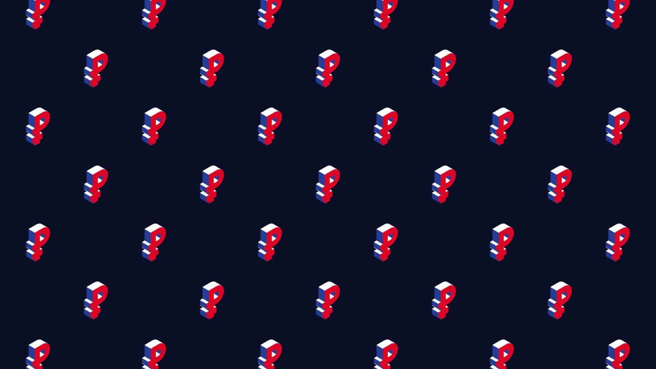 símbolos isométricos del rublo ruso en un patrón animado sobre un fondo oscuro. animación de bucle sin costuras