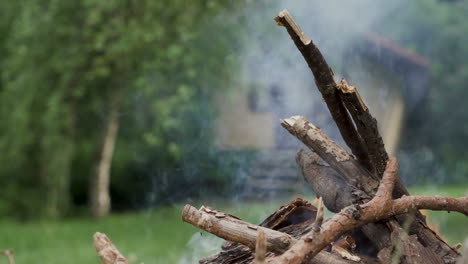 primer plano de una fogata humeante y una mano masculina poniendo leña en el fuego.