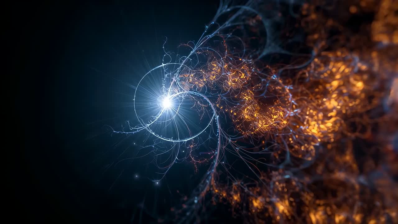 Nucleo blu brillante che attrae viticci verso un ammasso dorato nel vuoto scuro, rilasciando scintille di energia