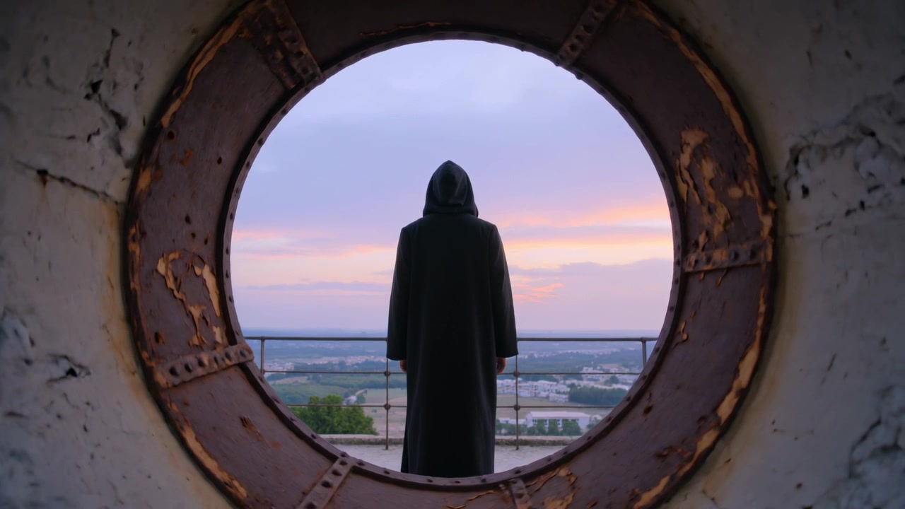 Una figura encapuchada de pie observando el horizonte en cubierta mientras el cielo pastel cambia a través del ojo de buey, la barandilla y la ciudad.