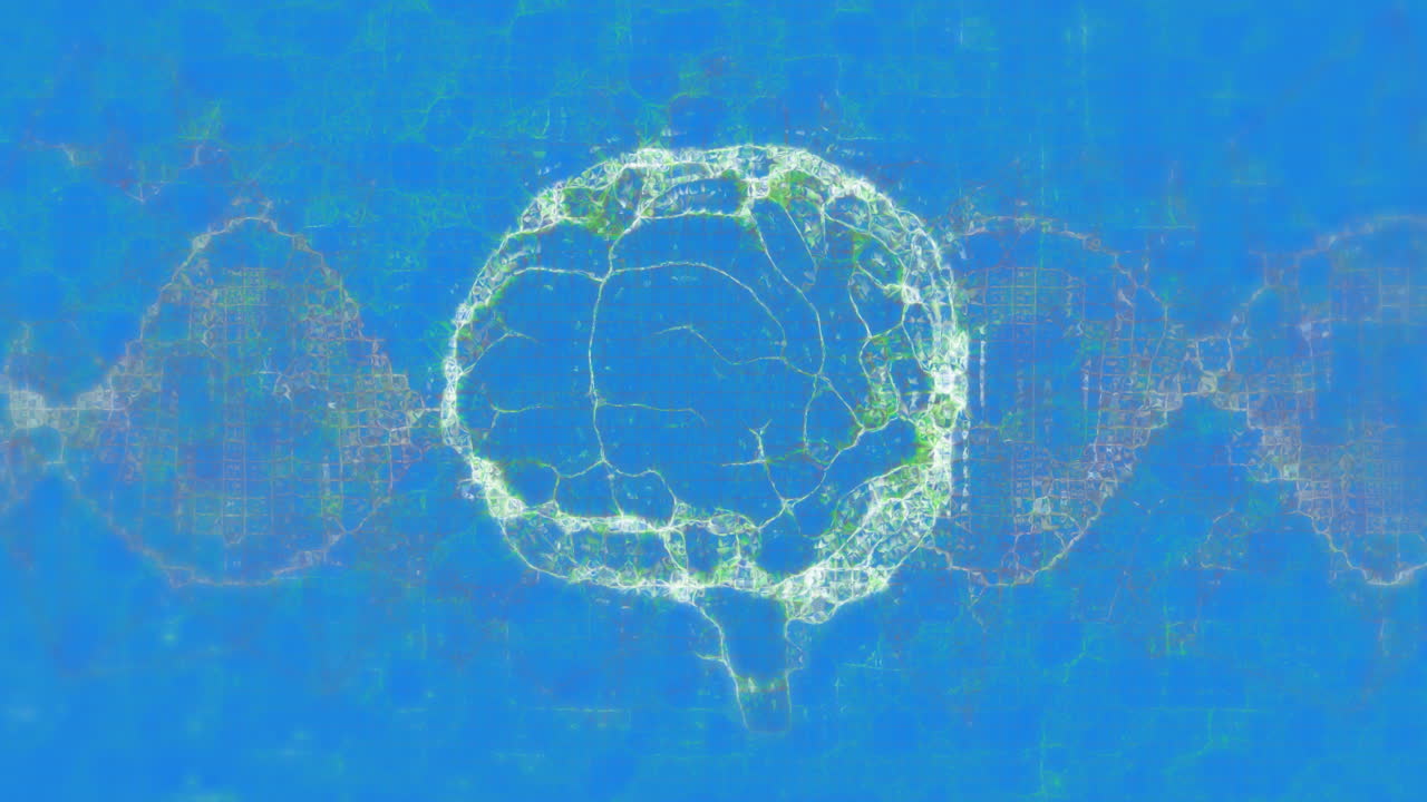 파란색 배경에 있는 dna 가닥 회전과 인간 뇌의 애니메이션