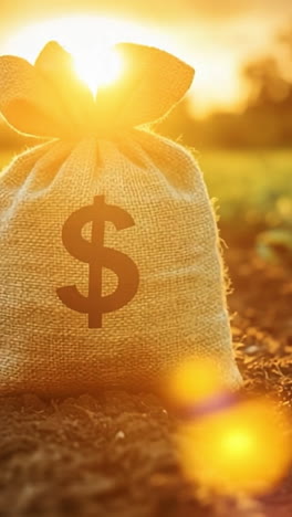 money bag on farm at sunset. a burlap sack with a dollar sign is placed on a field during golden hour, capturing agriculture's potential wealth.
