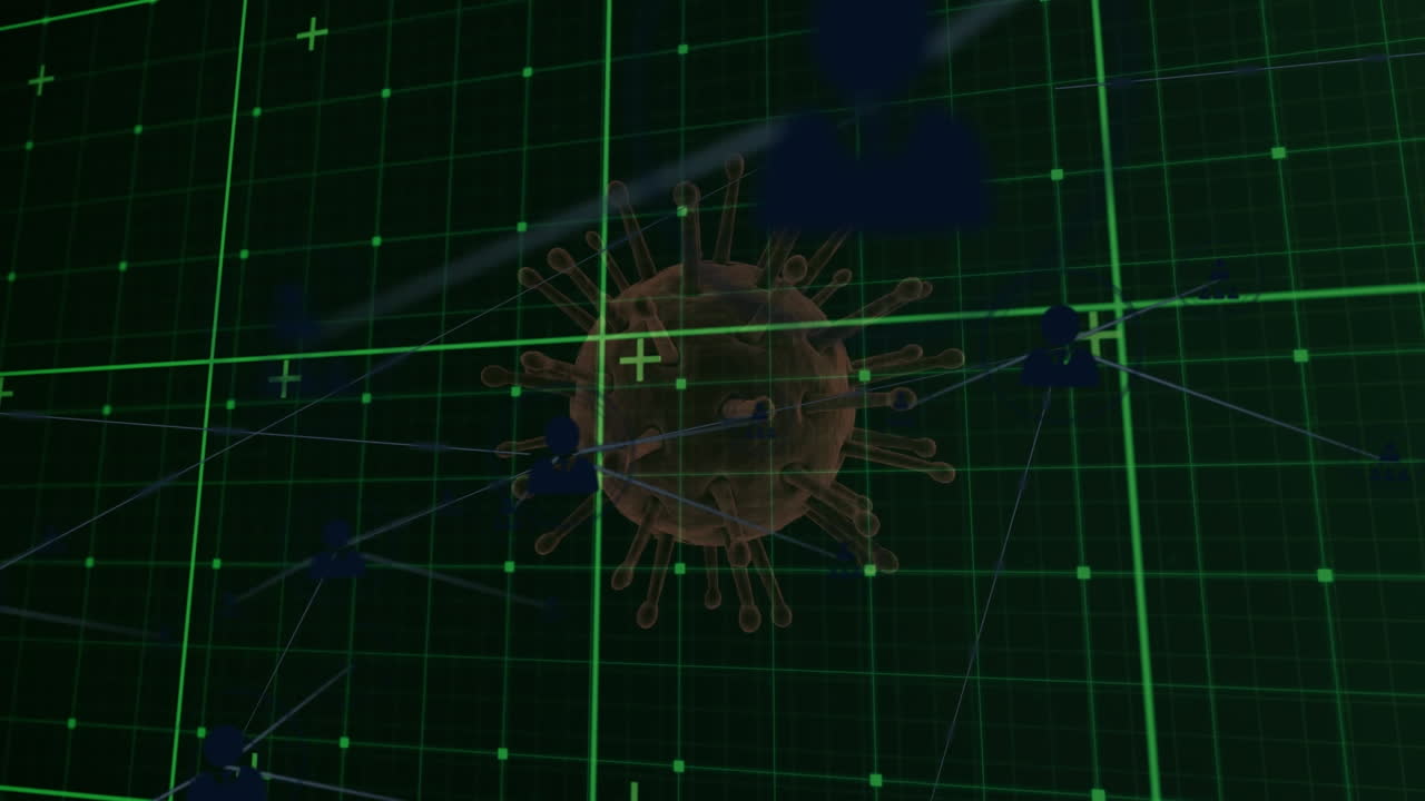 검은색 배경에 코로나19 셀을 통해 회전하는 그리드 네트워크의 디지털 애니메이션
