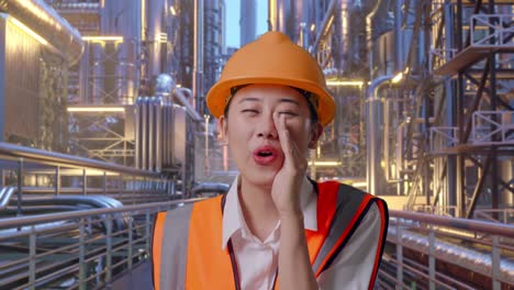 close up of asian female engineer with safety helmet yelling with hand over mouth while standing at a vast oil refinery