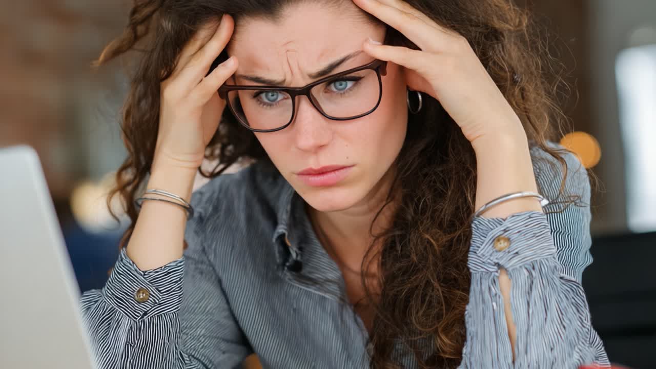 Donna frustrata con capelli ricci e occhiali che mostra segni di stress mentre lavora al suo laptop, catturando le intense emozioni delle sfide della vita digitale moderna.