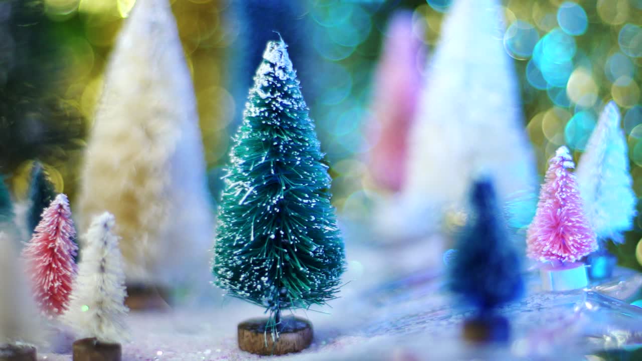 A slow pan moves from right to left across a whimsical bottle brush tree forest