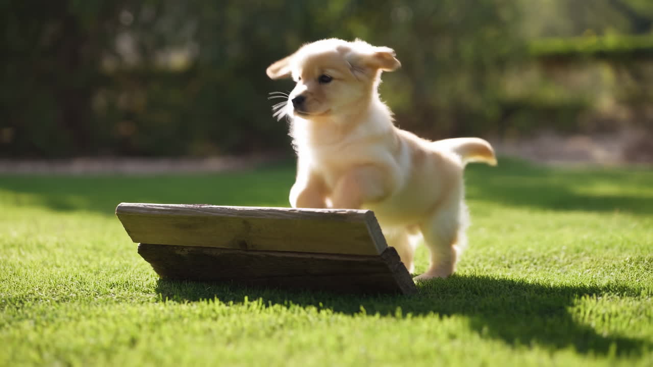 Cute Golden Retriever Puppy Jumps Over Wooden Obstacle on Green Grass