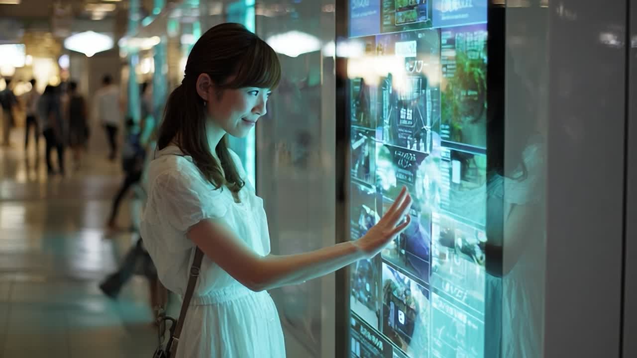 Interactive display captivates young woman in busy urban setting