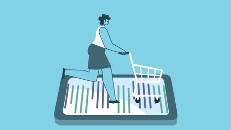 correr en bicicleta con el carrito de compras en el teléfono inteligente chat diseño gráfico plano mujer personaje de dibujos animados bucle aislado animación 2d