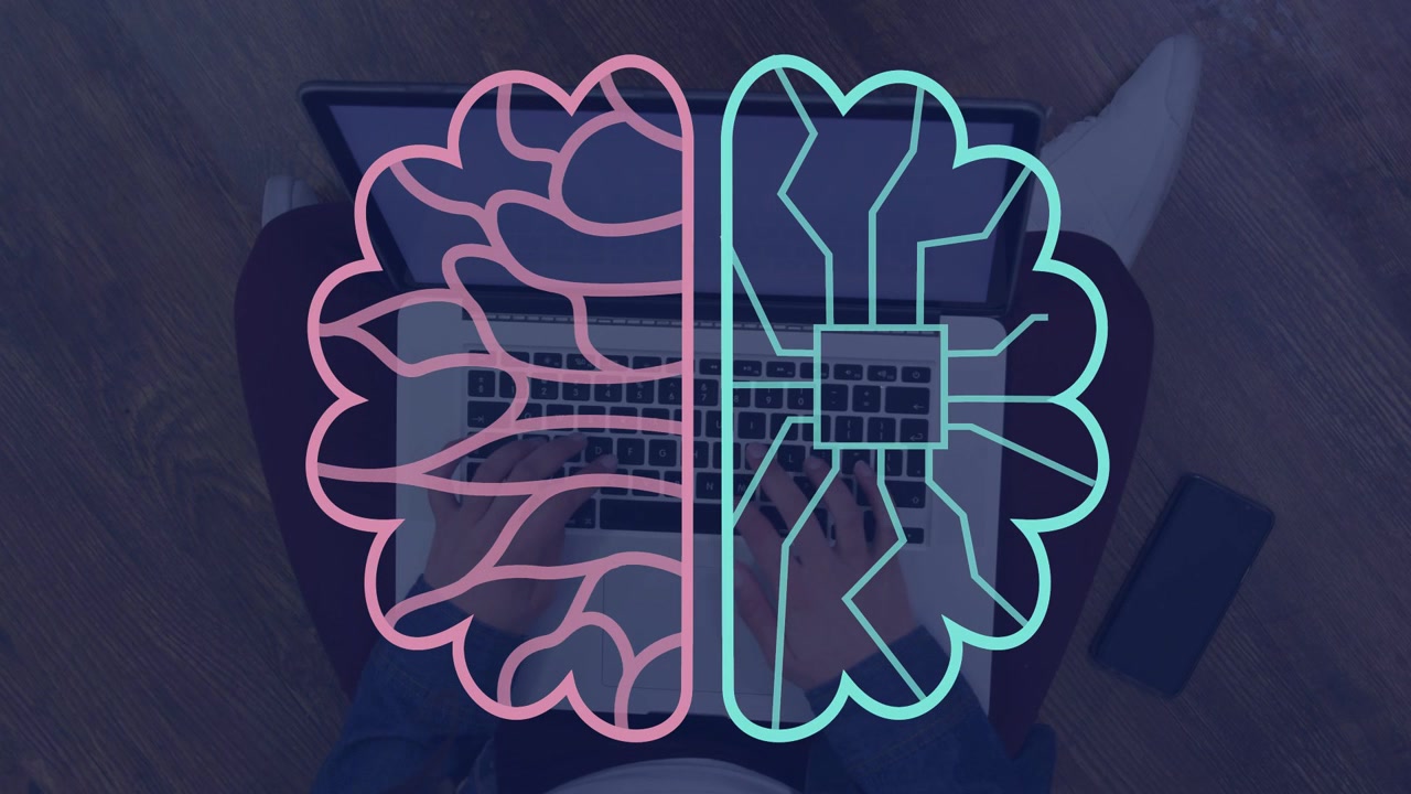 Woman sitting floor moving phone to laptop starting splitbrain filling with AI traces for tech work