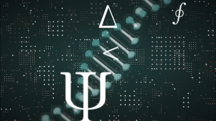 Animation of mathematical equations and dna strand on black background