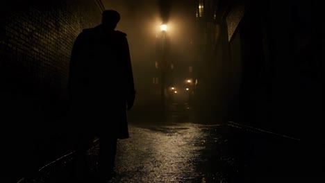 man walking a foggy alley at night