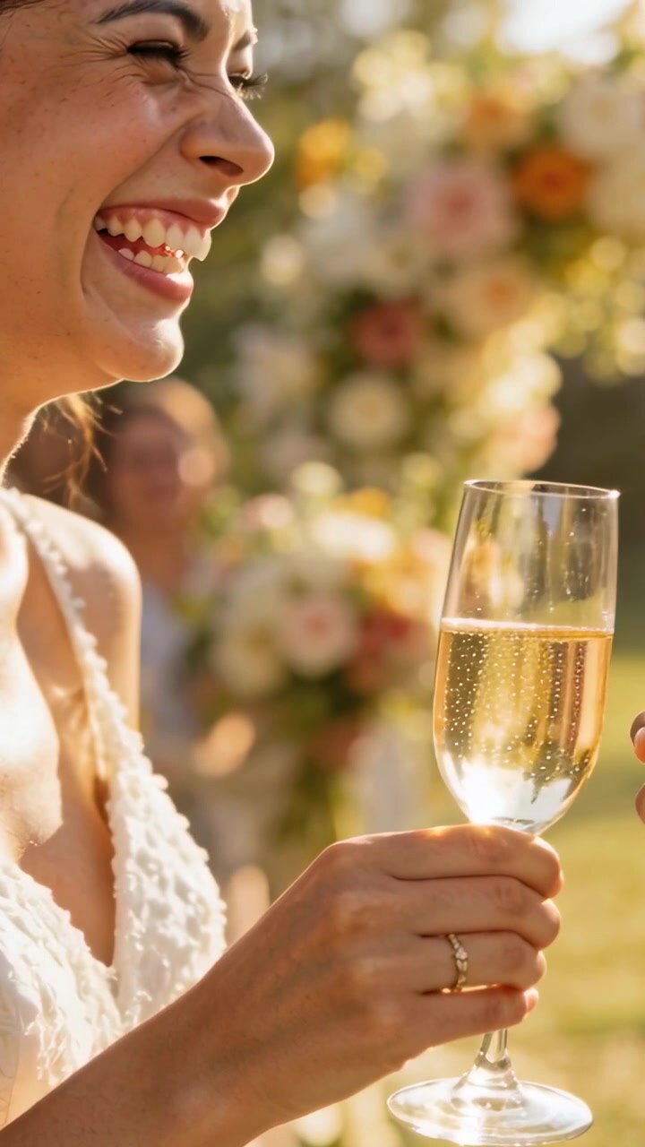 Video verticale: Sposa che ride in pizzo, tiene un flûte mentre un amico/a offre un brindisi in giardino, anelli, spazio per il testo.
