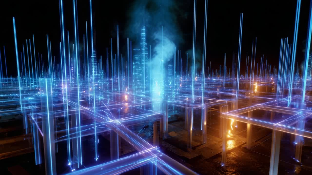 A Stunning Visualization of a Futuristic Architectural Concept Featuring Glowing Grids and Neon Illuminations Set Against a Dark Night Sky, Capturing the Essence of Cybernetic Landscapes and Digital Architecture