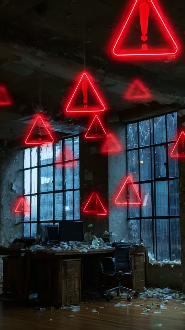Abandoned Office Space with Warning Signs: A Haunting View of Neglect and Deterioration in a Warehouse Environment Filled with Hazardous Alerts