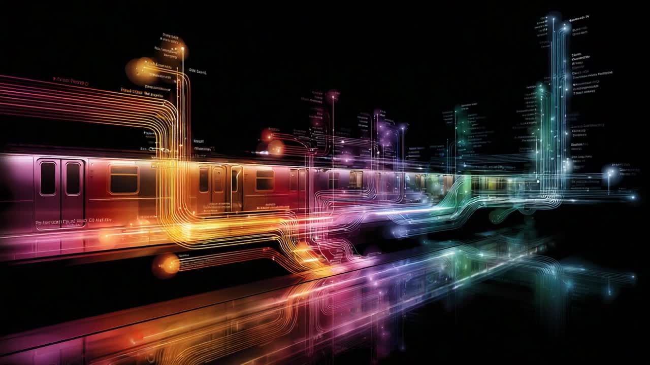 A vibrant and dynamic representation of a subway train traveling through a futuristic landscape, showcasing brilliant lights and colorful connections that symbolize urban transport networks