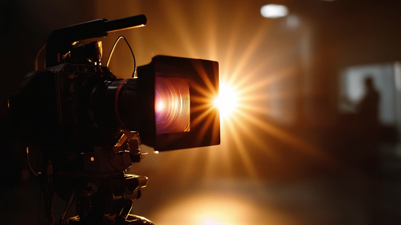 Fotocamera accattivante con bagliore dell'obiettivo che illumina una figura ombrosa, enfatizzando l'arte della narrazione cinematografica attraverso la tecnologia visiva e l'illuminazione drammatica
