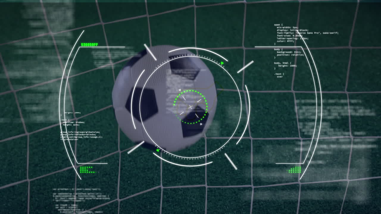 animación del escaneo del alcance sobre el procesamiento de datos contra el primer plano de un balón de fútbol que golpea la red de la meta