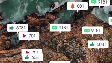 animación de iconos de las redes sociales sobre la costa y el paisaje marino